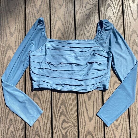 American Eagle large blue sheer cropped ruched mesh sleeve blouse - Picture 3 of 7